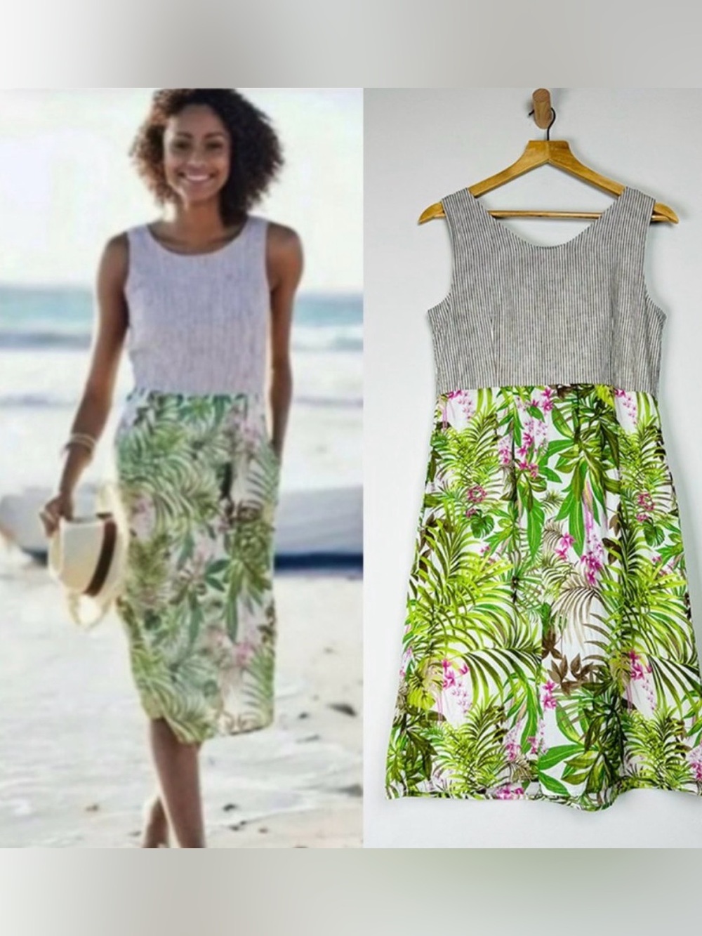 J Jill Linen Striped Bodice Tropical Print Cotton Skirt Midi Resort Summer Dress - Picture 2 of 15